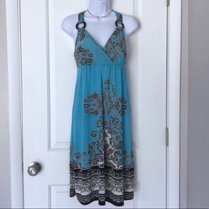 Teal and paisley printed empire-waist midi dress